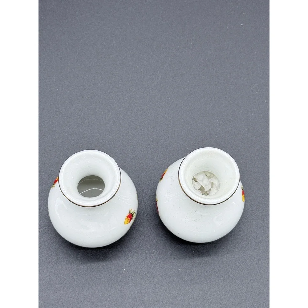 OMC Japan Miniature Porcelain Strawberry Bud Vases Gold Rim Set of 2 Vintage